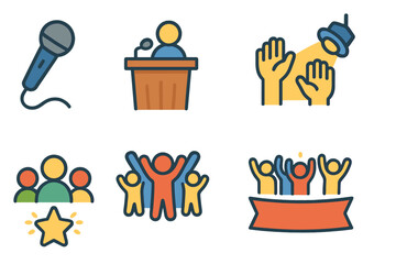 Fototapeta premium Colorful Children's Icons. Flat vector mini-illustrations motivational speech in colors children's illustrations: microphone,