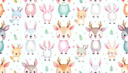 Watercolor seamless pattern of cute pastel deer and bunnies