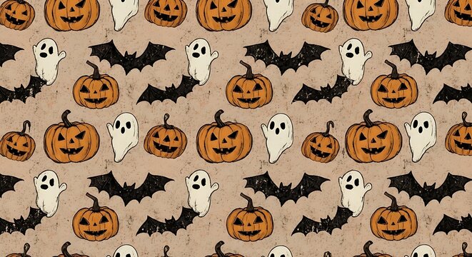 A halloween themed pattern with pumpkins ghosts and bats on a beige textured background repeat design