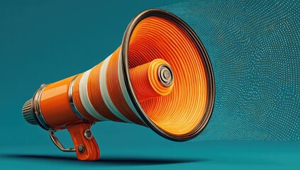 Orange megaphone, digitally rendered, projecting abstract network