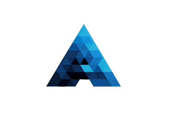 Dark blue, triangular, pixelated "A