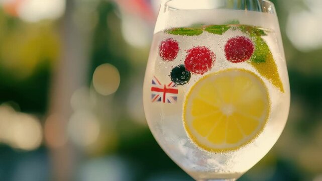 Refreshing drink with lemon and raspberry accents served in a glass stemware.