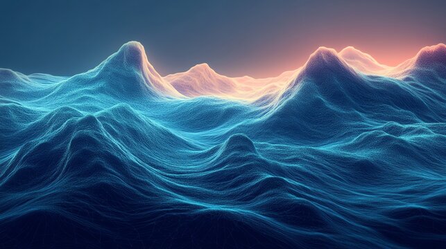 Abstract Digital Ocean Waves with Glowing Pink and Blue Highlights in Futuristic Style