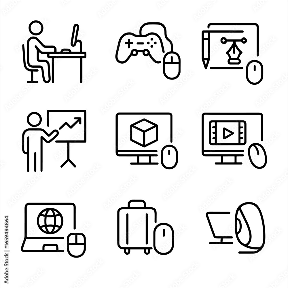 Poster mouse usage icon set. outline icon set of mouse usage scenarios: office work, gaming, graphic design