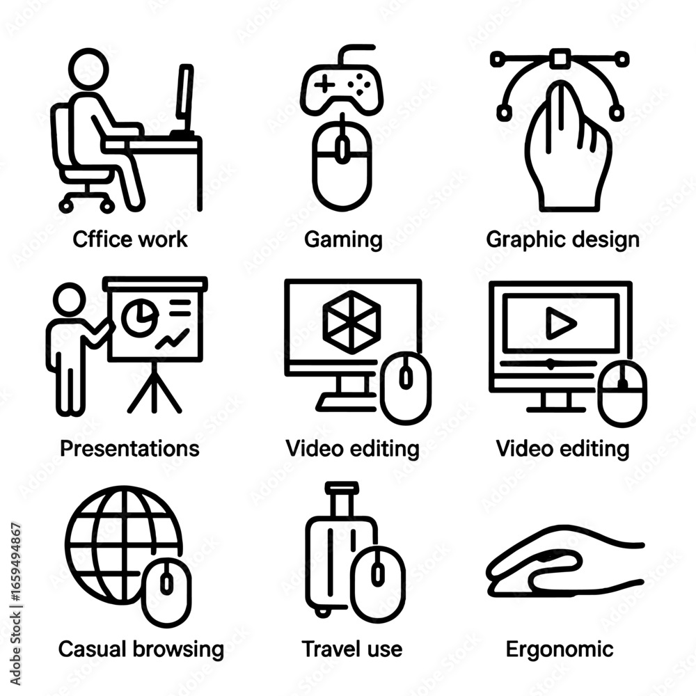 Poster mouse usage icon set. outline icon set of mouse usage scenarios: office work, gaming, graphic design