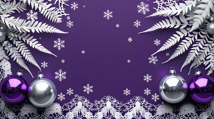 Fototapeta premium Winter new year elegant frame with christmas silver ornaments on purple background.