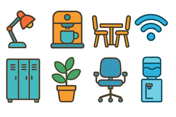 Colorful Office Icons. Flat vector mini-illustrations Co working space amenities in colors children's illustrations: desk lamp,