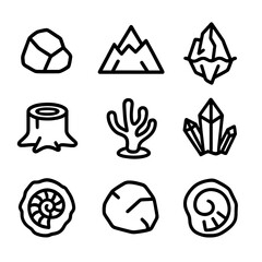 Nature Element Icons. Outline icon set of solid natural elements: rock, mountain, iceberg, crystal, tree stump, coral, mineral,