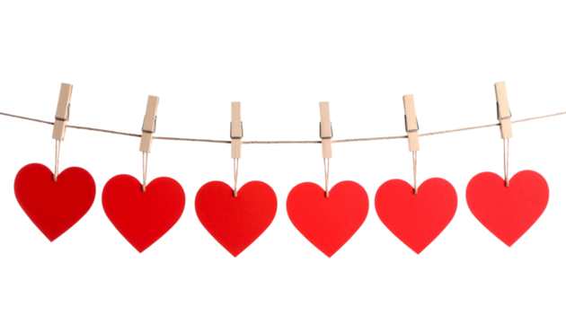 Red paper heart decorations hanging on a string with clothespins for a romantic Valentine's Day