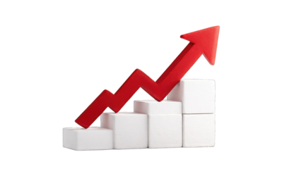 Red arrow ascending steps of white blocks