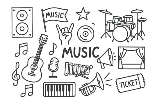 Concert Doodles. Concert elements: hand-drawn doodles of musical instruments and venue icons. Transparent background. Isolated
