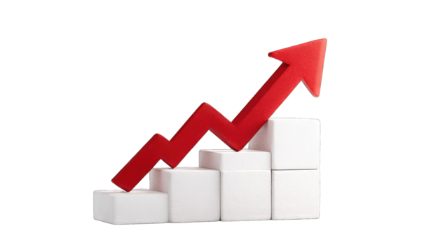 Red arrow ascending steps of white blocks