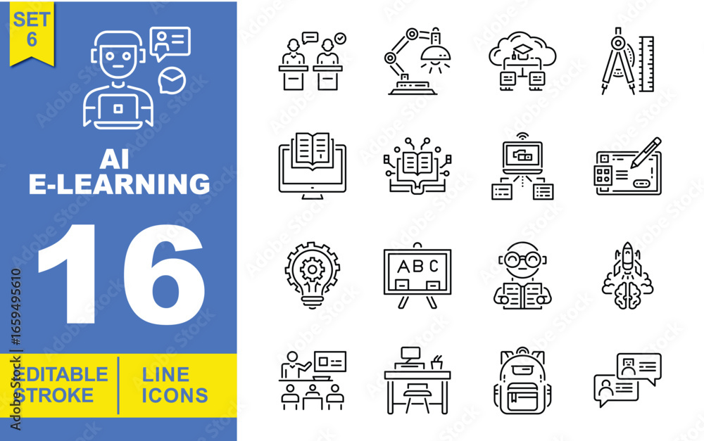 Poster ai e-learning set of web icons in line style. exclusive ai e-learning line icon collection. containi