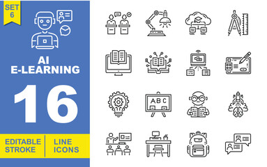 AI E-learning set of web icons in line style. Exclusive AI E-learning line icon collection. Containing student with laptop, two people discussing, desk lamp, cloud network, and more. Editable stroke