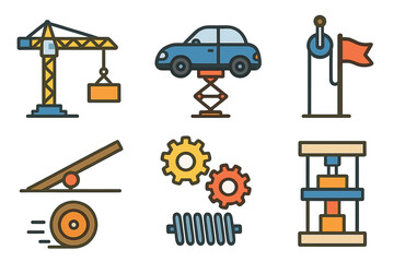 Colorful Machines for Kids. Flat vector mini-illustrations forces and machines in colors children's illustrations: crane lifting,