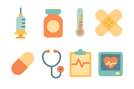 Colorful Medical Icons. Flat vector mini-illustrations dropper medical tools in colors children's illustrations: syringe, medicine