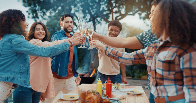 Lunch, party and friends cheers with champagne for reunion celebration, social gathering or bonding. Happy, group of people and toast drinks at BBQ for backyard event, weekend fun or hangout together