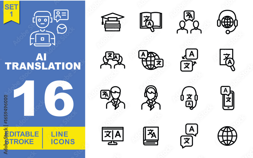 Poster ai translation set of web icons in line style. exclusive ai translation line icon collection. contai