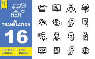 AI Translation set of web icons in line style. Exclusive AI Translation line icon collection. Containing graduation cap on books, open book with translation symbol, people speaking. Editable stroke