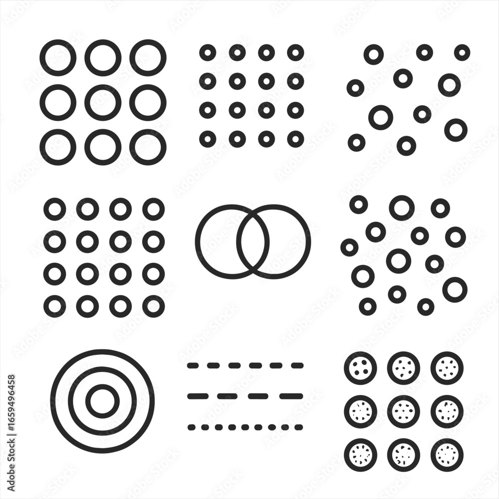 Poster polka dot icon set. outline icon set of polka dot patterns: large dots, small dots, scattered dots, 