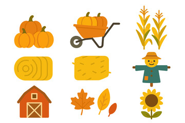 Autumn Harvest Icons. Flat vector mini-illustrations harvesting pumpkins in colors children's illustrations:
