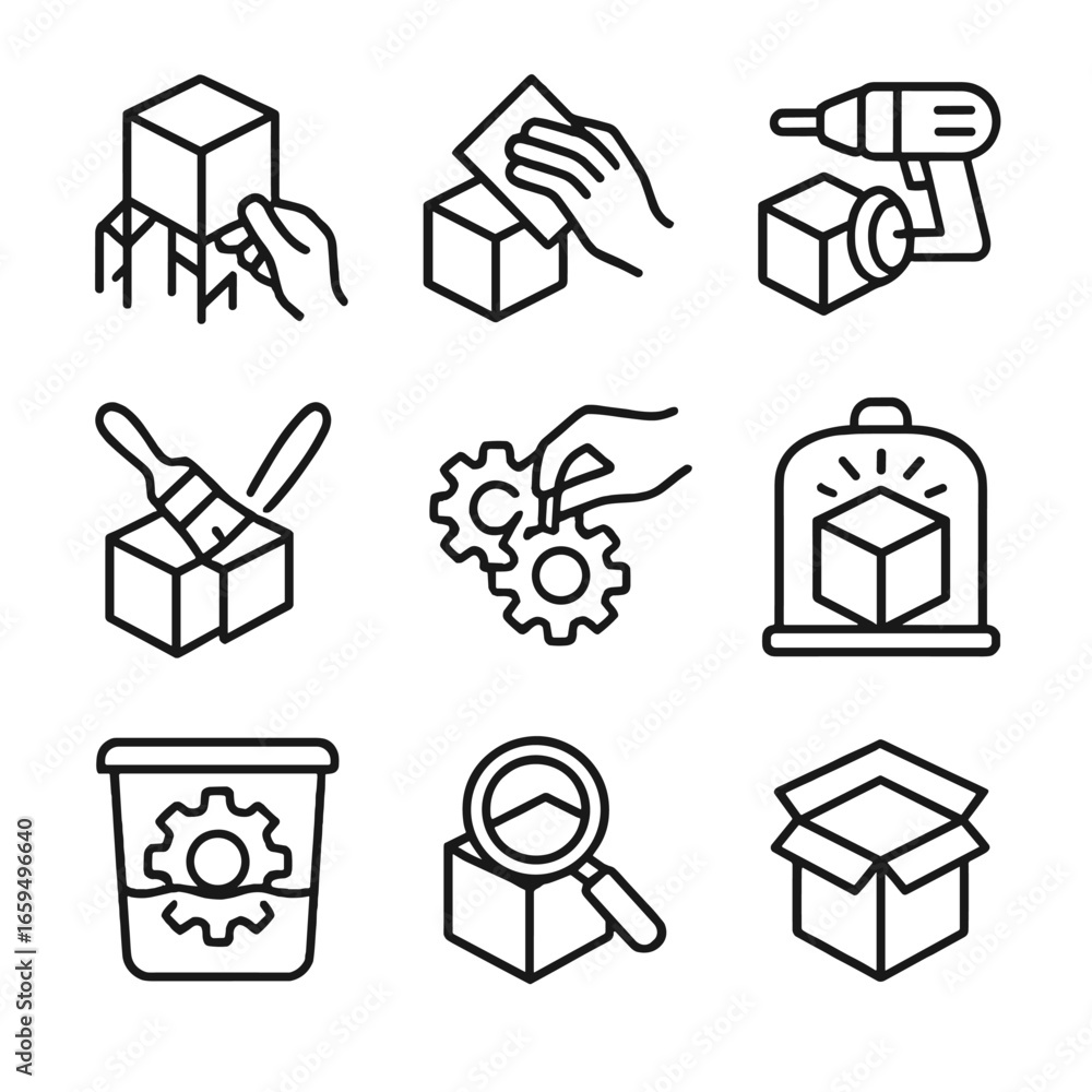 Poster 3d print icon set. outline icon set of 3d print post-processing: support removal, sanding, polishing