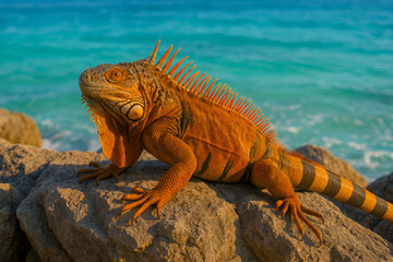Bright orange iguana resting on coastal rock beside turquoise ocean water