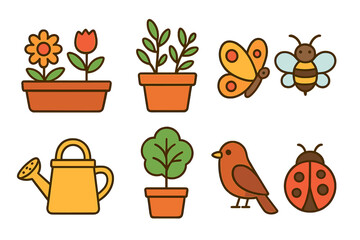 Balcony Biodiversity Icons. Flat vector mini-illustrations balcony biodiversity in colors children's