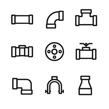 PVC Pipe Icons. Outline icon set of PVC pipes and fittings: straight pipe, elbow joint, T-joint, pipe connector, flange, valve,