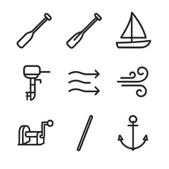 Obraz premium Raft Propulsion Icons. Outline icon set of raft propulsion: paddle, oar, sail, motor, current, wind, hand crank, pole, anchor.