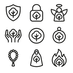 Sacred Tree Protection Icons. Outline icon set of sacred tree protection: shield, lock, guardian figure, blessing hands, sacred