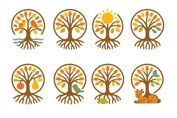 Colorful Tree of Life. Flat vector mini-illustrations tree of life in colors children's illustrations: stylized tree with roots,