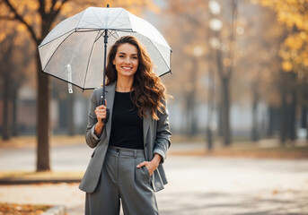 Smiling woman in grey business suit holding transparent umbrella on autumn park path. Professional attire and weather protection for corporate and business service advertising