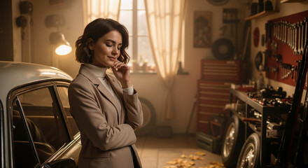 Woman in beige coat standing near vintage car in warm garage interior with tools. Retro automotive atmosphere and classic style for luxury brand marketing and vintage promotions
