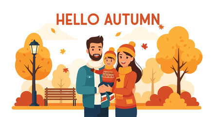 Adobe illustrator artwork vector illustration. A happy family portrait of a father, mother, and child embracing in an autumn park with 