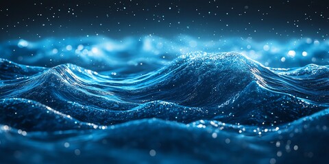 Abstract Blue Water Waves with Sparkling Droplets in Dark Background