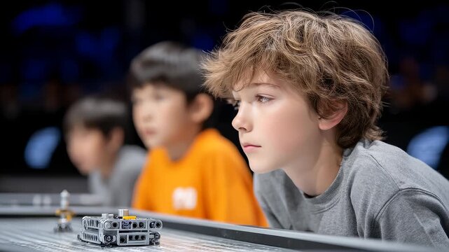 Focused Boys Observe Robot Technology Future