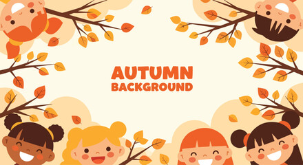 Adobe illustrator artwork vector illustration. A fall-themed background with a frame of autumn leaves and branches, featuring smiling, happy children's faces peeking out from the corners