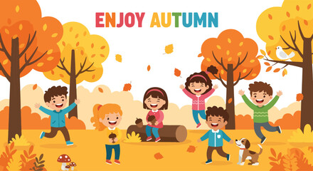Adobe illustrator artwork vector illustration. Four happy children enjoying autumn in a park with colorful trees, falling leaves, a dog, and the text 