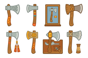 Decorative Axe Icons. Flat vector mini-illustrations axe decoration in colors children's illustrations: engraved blade, painted
