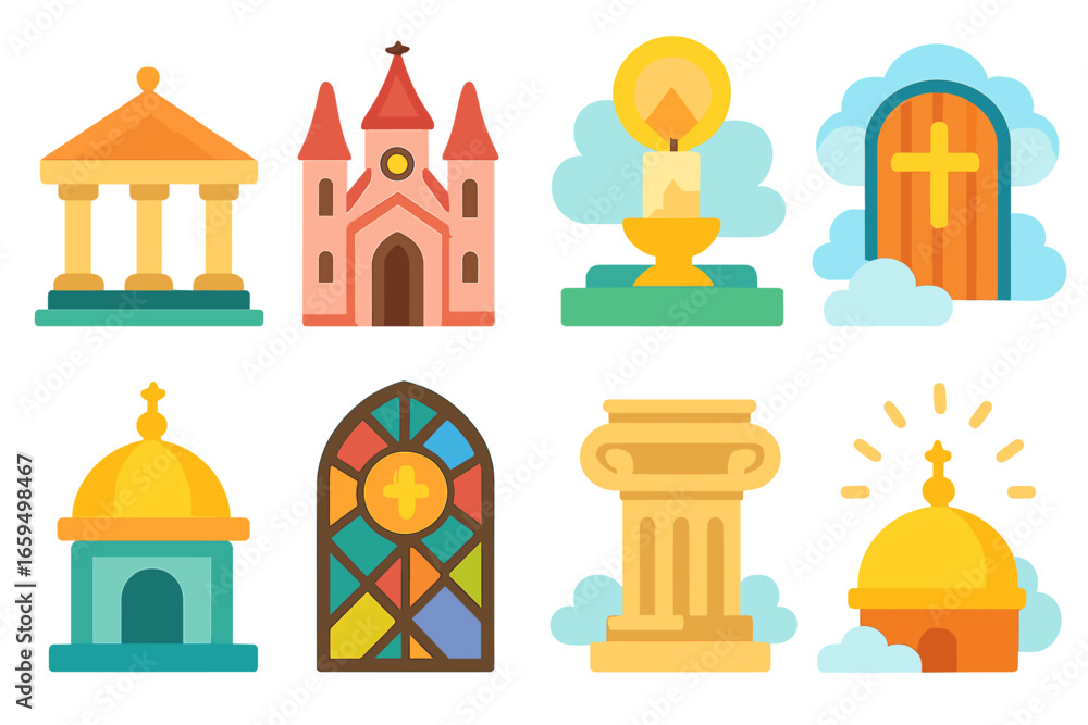 Poster divine architecture icons. flat vector mini-illustrations divine architecture in colors children's i