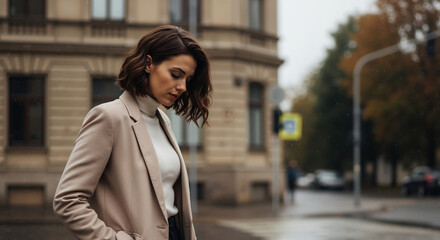 Woman in beige blazer and white top looking down thoughtfully on city street. Professional autumn business wear for corporate fashion campaigns, office style and career clothing