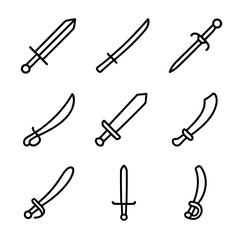 Fototapeta premium Sword Icon Collection. Outline icon set of sword types: longsword, katana, rapier, scimitar, broadsword, falchion, saber, claymore