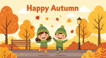 Adobe illustrator artwork vector illustration. Two joyful children in winter hats and scarves playing amidst falling leaves in a park with 