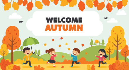 Adobe illustrator artwork vector illustration. Cheerful children playing in a bright autumn landscape with falling leaves, colorful trees, and a 