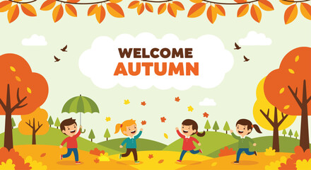 Adobe illustrator artwork vector illustration. Cheerful children playing in a bright autumn landscape with falling leaves, colorful trees, and a 