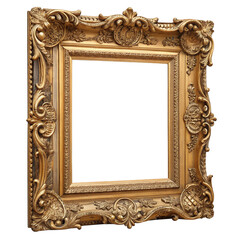 Ornate antique gold picture frame with intricate carvings isolated on transparent background