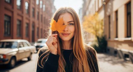 Fototapeta premium Woman in black sweater holding orange maple leaf covering half of face on autumn city street. Fall season portrait and natural beauty for cosmetic and fashion brand campaigns