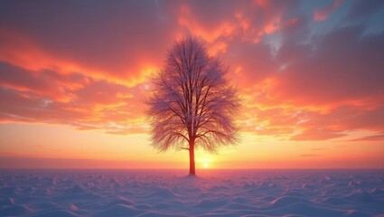 Obraz premium A lone, frosted tree stands sentinel against a breathtaking winter sunset, bathed in vibrant hues of orange and pink.