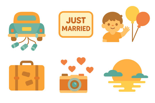 Honeymoon Send-Off Icons. Flat vector mini-illustrations honeymoon send off scene in colors children's illustrations: vintage car